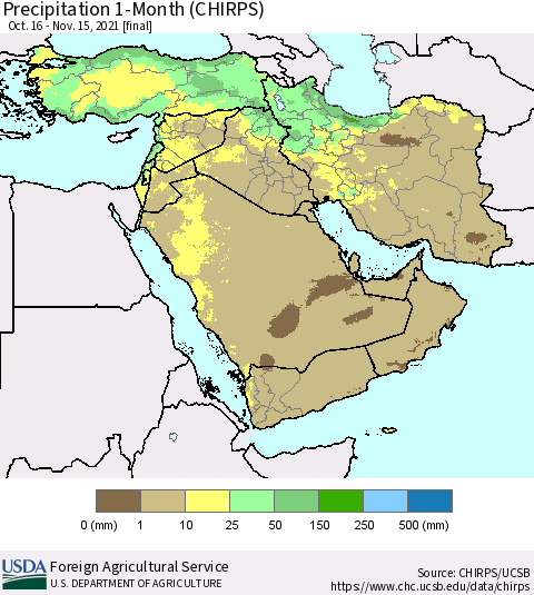 Middle East and Turkey Precipitation 1-Month (CHIRPS) Thematic Map For 10/16/2021 - 11/15/2021