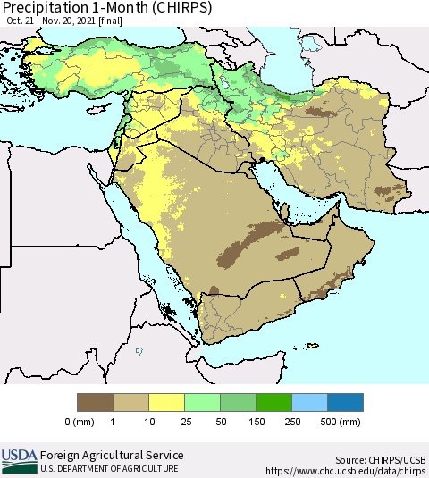 Middle East and Turkey Precipitation 1-Month (CHIRPS) Thematic Map For 10/21/2021 - 11/20/2021