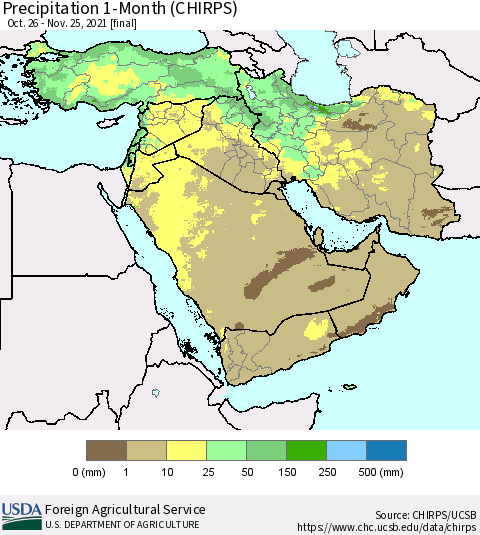 Middle East and Turkey Precipitation 1-Month (CHIRPS) Thematic Map For 10/26/2021 - 11/25/2021