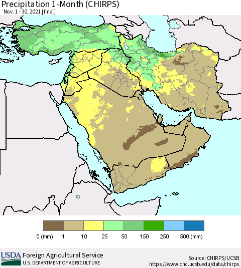 Middle East and Turkey Precipitation 1-Month (CHIRPS) Thematic Map For 11/1/2021 - 11/30/2021