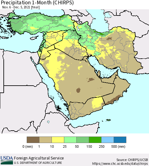 Middle East and Turkey Precipitation 1-Month (CHIRPS) Thematic Map For 11/6/2021 - 12/5/2021