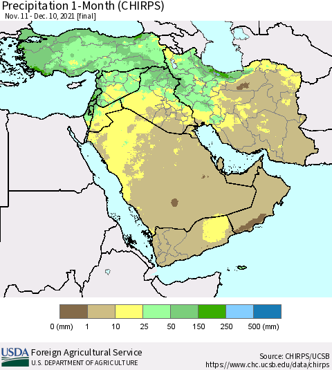 Middle East and Turkey Precipitation 1-Month (CHIRPS) Thematic Map For 11/11/2021 - 12/10/2021