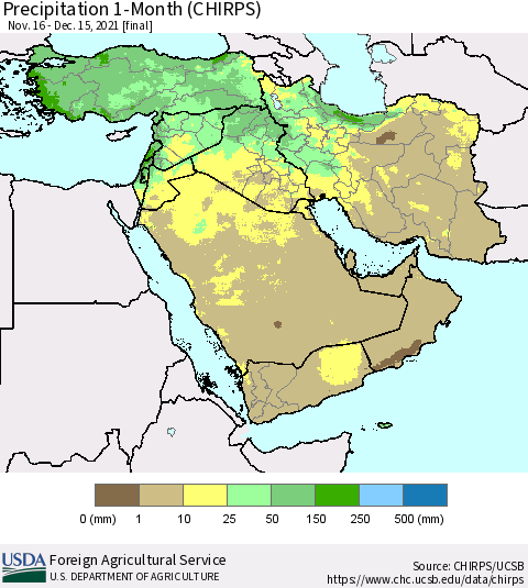 Middle East and Turkey Precipitation 1-Month (CHIRPS) Thematic Map For 11/16/2021 - 12/15/2021