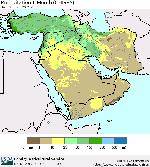Middle East and Turkey Precipitation 1-Month (CHIRPS) Thematic Map For 11/21/2021 - 12/20/2021