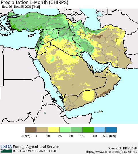 Middle East and Turkey Precipitation 1-Month (CHIRPS) Thematic Map For 11/26/2021 - 12/25/2021