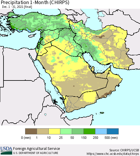 Middle East and Turkey Precipitation 1-Month (CHIRPS) Thematic Map For 12/1/2021 - 12/31/2021
