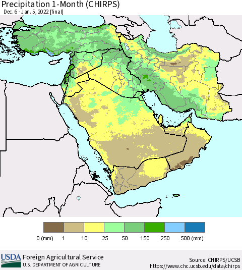 Middle East and Turkey Precipitation 1-Month (CHIRPS) Thematic Map For 12/6/2021 - 1/5/2022