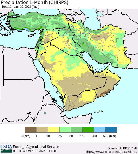 Middle East and Turkey Precipitation 1-Month (CHIRPS) Thematic Map For 12/11/2021 - 1/10/2022