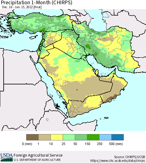 Middle East and Turkey Precipitation 1-Month (CHIRPS) Thematic Map For 12/16/2021 - 1/15/2022