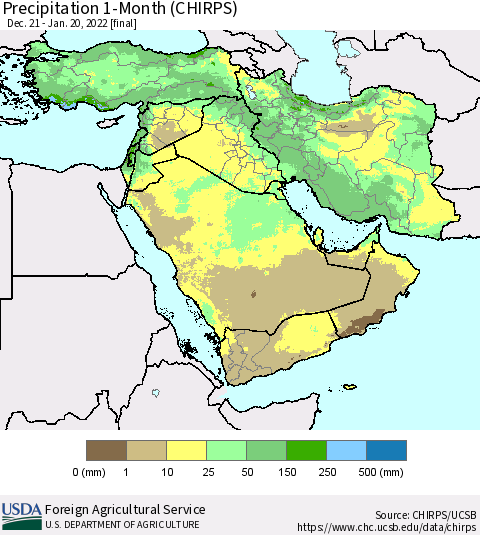 Middle East and Turkey Precipitation 1-Month (CHIRPS) Thematic Map For 12/21/2021 - 1/20/2022