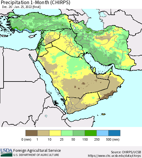 Middle East and Turkey Precipitation 1-Month (CHIRPS) Thematic Map For 12/26/2021 - 1/25/2022