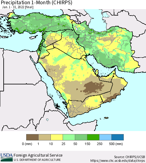 Middle East and Turkey Precipitation 1-Month (CHIRPS) Thematic Map For 1/1/2022 - 1/31/2022