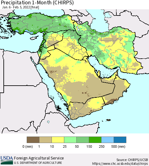 Middle East and Turkey Precipitation 1-Month (CHIRPS) Thematic Map For 1/6/2022 - 2/5/2022