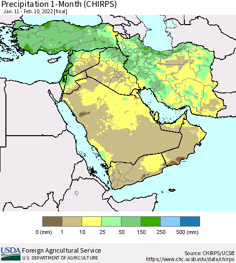 Middle East and Turkey Precipitation 1-Month (CHIRPS) Thematic Map For 1/11/2022 - 2/10/2022