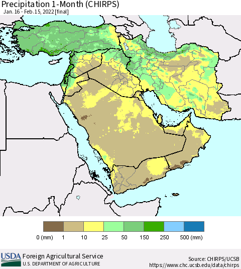 Middle East and Turkey Precipitation 1-Month (CHIRPS) Thematic Map For 1/16/2022 - 2/15/2022