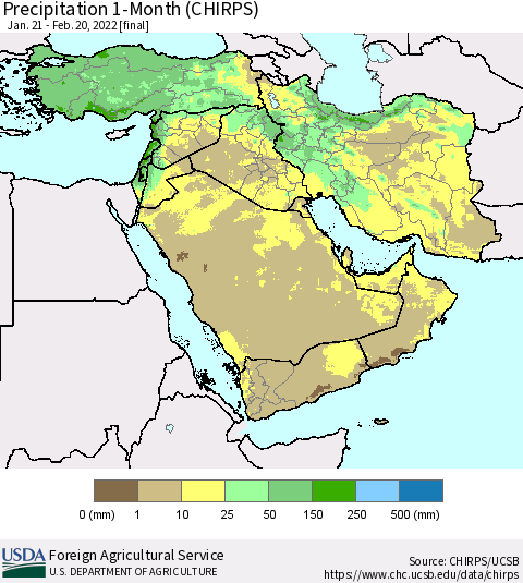 Middle East and Turkey Precipitation 1-Month (CHIRPS) Thematic Map For 1/21/2022 - 2/20/2022