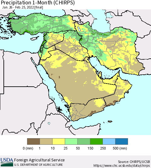 Middle East and Turkey Precipitation 1-Month (CHIRPS) Thematic Map For 1/26/2022 - 2/25/2022