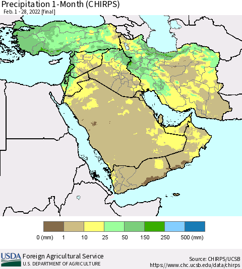Middle East and Turkey Precipitation 1-Month (CHIRPS) Thematic Map For 2/1/2022 - 2/28/2022