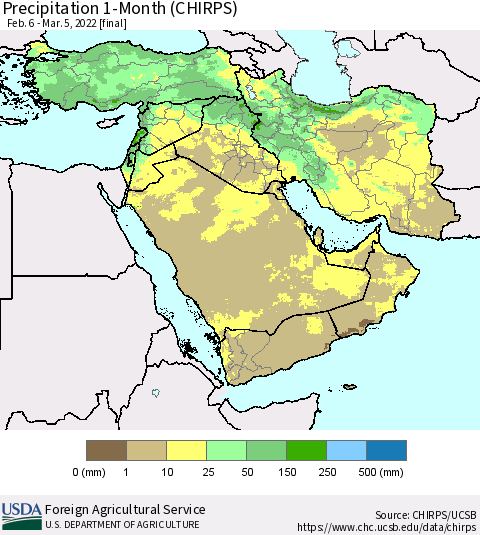 Middle East and Turkey Precipitation 1-Month (CHIRPS) Thematic Map For 2/6/2022 - 3/5/2022