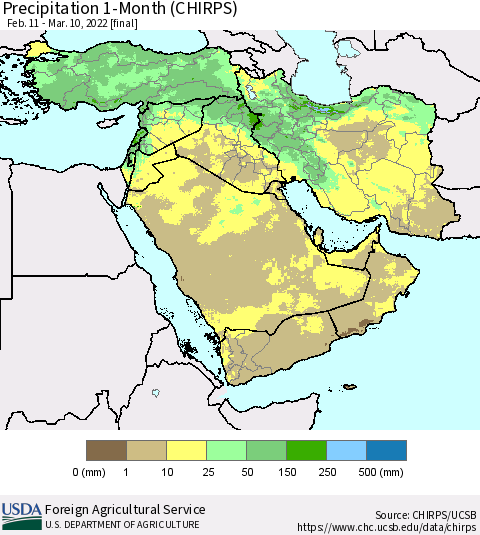 Middle East and Turkey Precipitation 1-Month (CHIRPS) Thematic Map For 2/11/2022 - 3/10/2022
