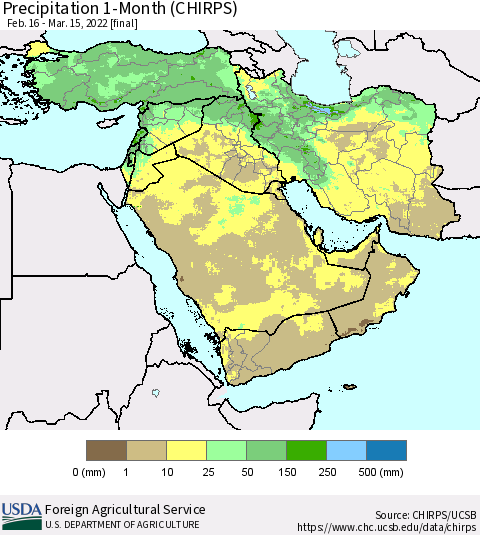 Middle East and Turkey Precipitation 1-Month (CHIRPS) Thematic Map For 2/16/2022 - 3/15/2022