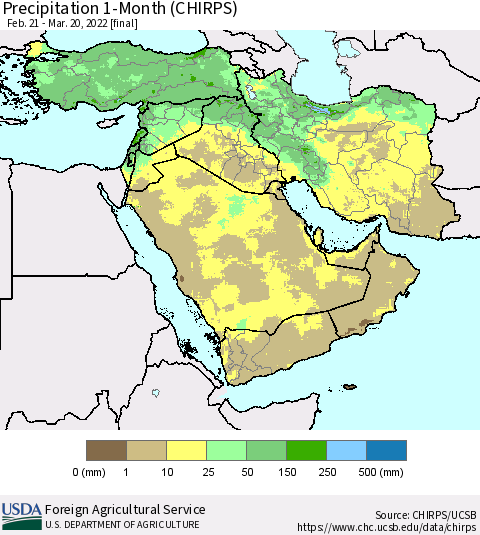 Middle East and Turkey Precipitation 1-Month (CHIRPS) Thematic Map For 2/21/2022 - 3/20/2022