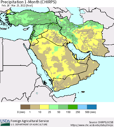 Middle East and Turkey Precipitation 1-Month (CHIRPS) Thematic Map For 2/26/2022 - 3/25/2022