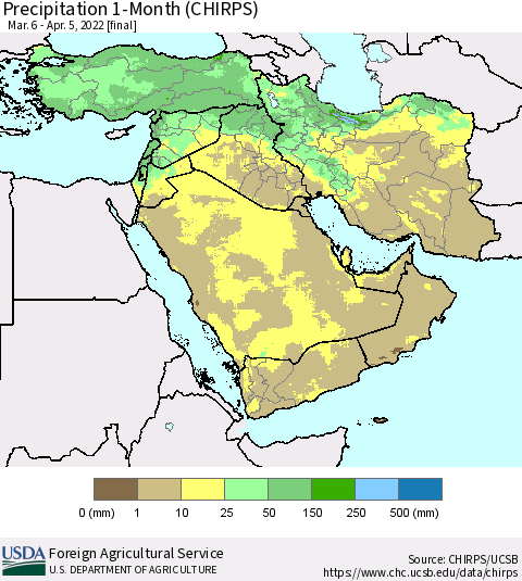 Middle East and Turkey Precipitation 1-Month (CHIRPS) Thematic Map For 3/6/2022 - 4/5/2022