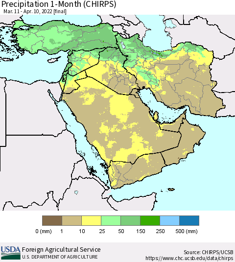 Middle East and Turkey Precipitation 1-Month (CHIRPS) Thematic Map For 3/11/2022 - 4/10/2022