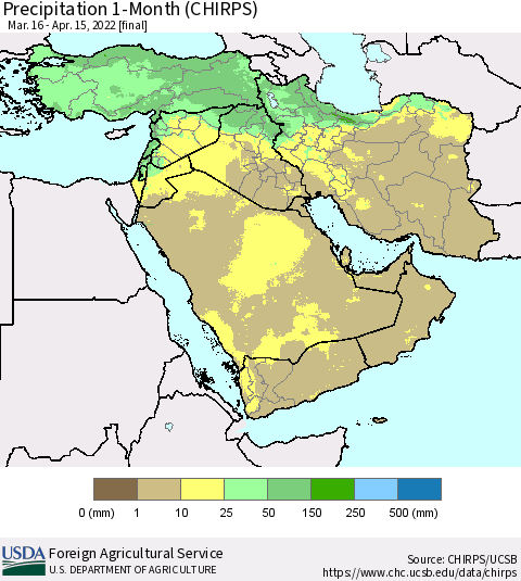 Middle East and Turkey Precipitation 1-Month (CHIRPS) Thematic Map For 3/16/2022 - 4/15/2022