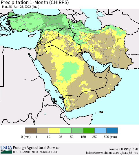Middle East and Turkey Precipitation 1-Month (CHIRPS) Thematic Map For 3/26/2022 - 4/25/2022