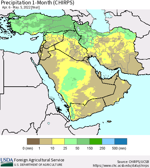 Middle East and Turkey Precipitation 1-Month (CHIRPS) Thematic Map For 4/6/2022 - 5/5/2022