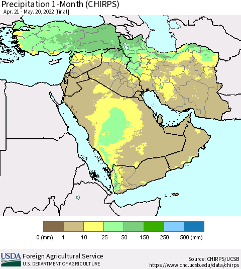 Middle East and Turkey Precipitation 1-Month (CHIRPS) Thematic Map For 4/21/2022 - 5/20/2022