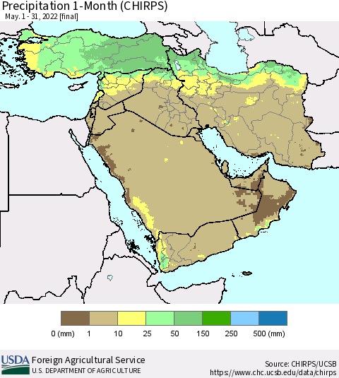 Middle East and Turkey Precipitation 1-Month (CHIRPS) Thematic Map For 5/1/2022 - 5/31/2022
