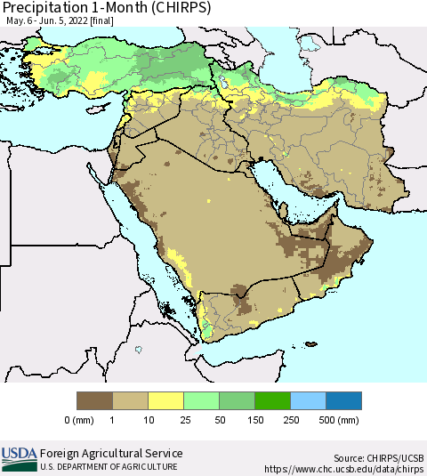Middle East and Turkey Precipitation 1-Month (CHIRPS) Thematic Map For 5/6/2022 - 6/5/2022