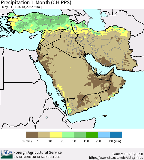 Middle East and Turkey Precipitation 1-Month (CHIRPS) Thematic Map For 5/11/2022 - 6/10/2022