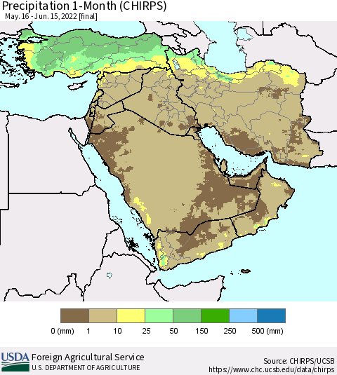 Middle East and Turkey Precipitation 1-Month (CHIRPS) Thematic Map For 5/16/2022 - 6/15/2022