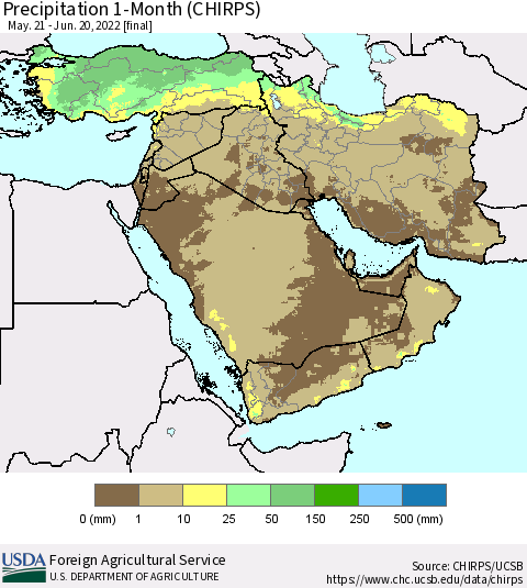 Middle East and Turkey Precipitation 1-Month (CHIRPS) Thematic Map For 5/21/2022 - 6/20/2022
