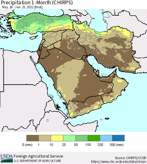 Middle East and Turkey Precipitation 1-Month (CHIRPS) Thematic Map For 5/26/2022 - 6/25/2022