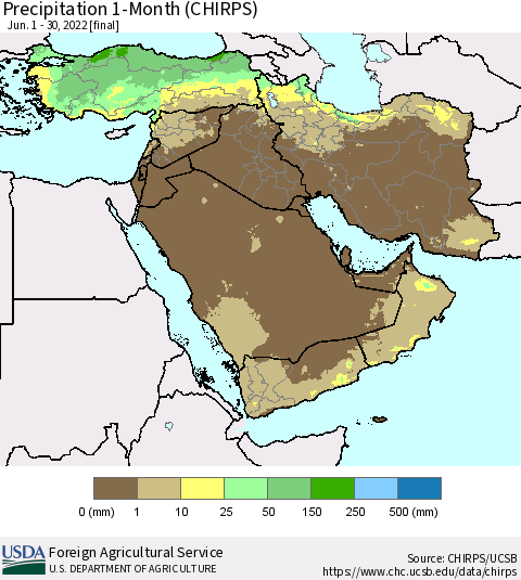 Middle East and Turkey Precipitation 1-Month (CHIRPS) Thematic Map For 6/1/2022 - 6/30/2022