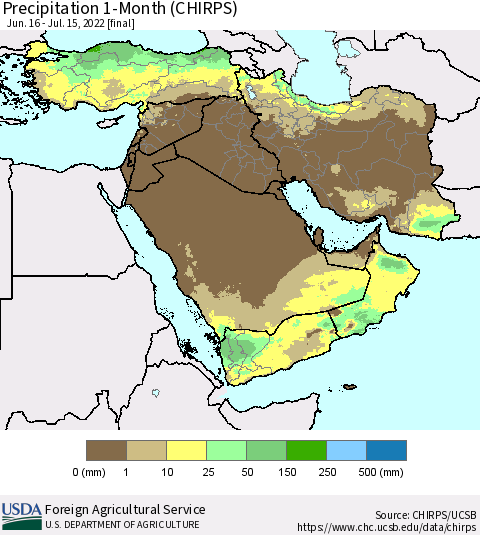 Middle East and Turkey Precipitation 1-Month (CHIRPS) Thematic Map For 6/16/2022 - 7/15/2022