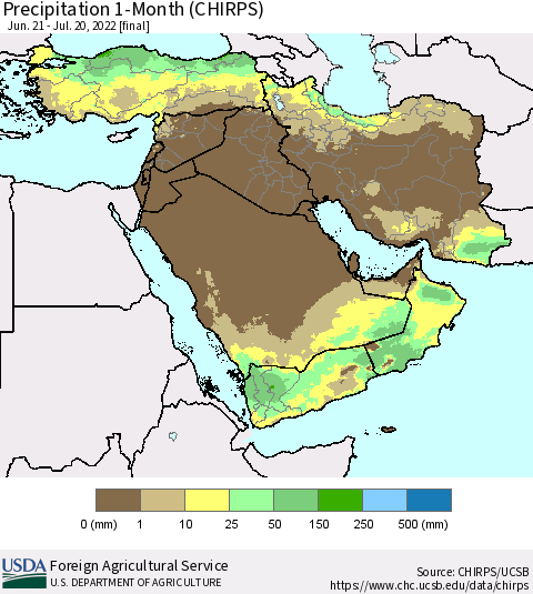 Middle East and Turkey Precipitation 1-Month (CHIRPS) Thematic Map For 6/21/2022 - 7/20/2022