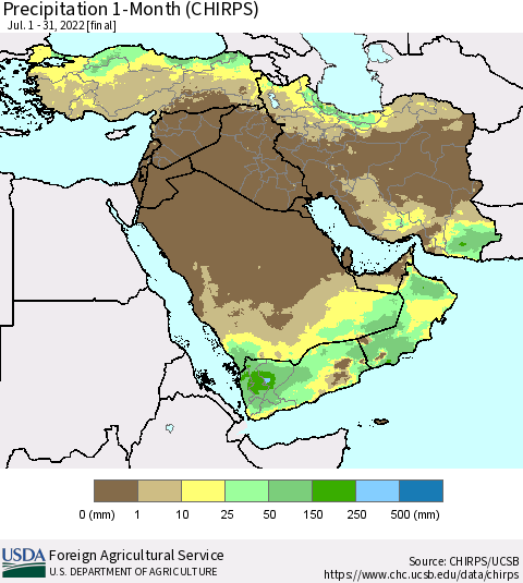 Middle East and Turkey Precipitation 1-Month (CHIRPS) Thematic Map For 7/1/2022 - 7/31/2022