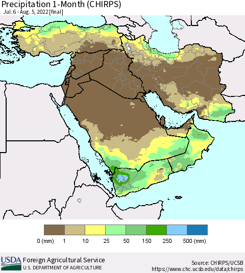 Middle East and Turkey Precipitation 1-Month (CHIRPS) Thematic Map For 7/6/2022 - 8/5/2022