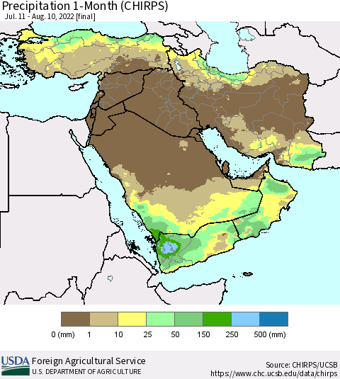 Middle East and Turkey Precipitation 1-Month (CHIRPS) Thematic Map For 7/11/2022 - 8/10/2022