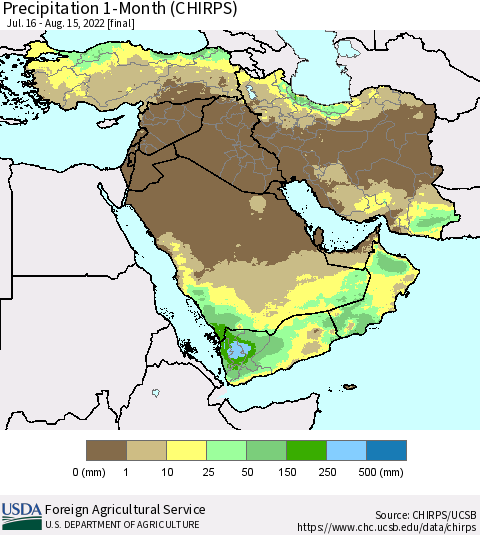 Middle East and Turkey Precipitation 1-Month (CHIRPS) Thematic Map For 7/16/2022 - 8/15/2022