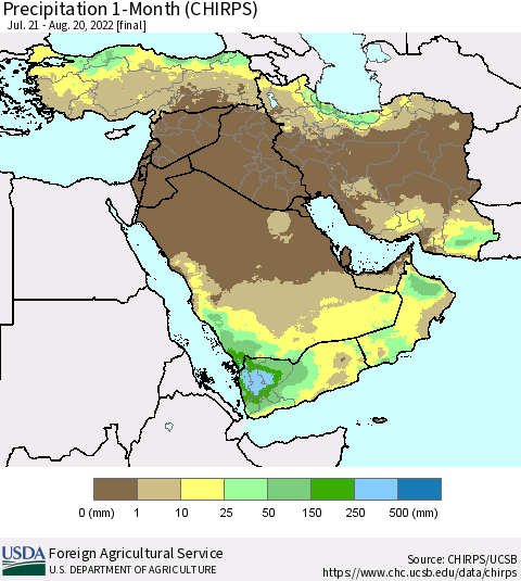 Middle East and Turkey Precipitation 1-Month (CHIRPS) Thematic Map For 7/21/2022 - 8/20/2022