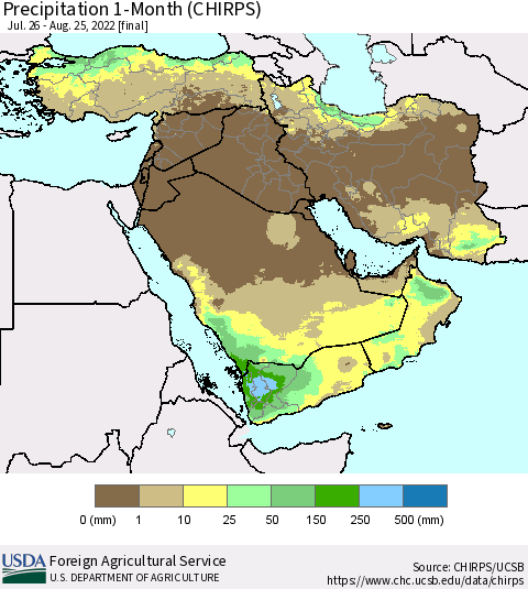 Middle East and Turkey Precipitation 1-Month (CHIRPS) Thematic Map For 7/26/2022 - 8/25/2022