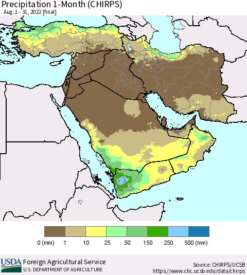 Middle East and Turkey Precipitation 1-Month (CHIRPS) Thematic Map For 8/1/2022 - 8/31/2022