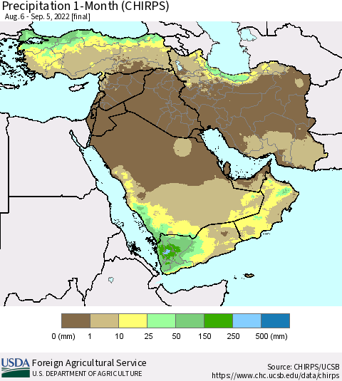 Middle East and Turkey Precipitation 1-Month (CHIRPS) Thematic Map For 8/6/2022 - 9/5/2022